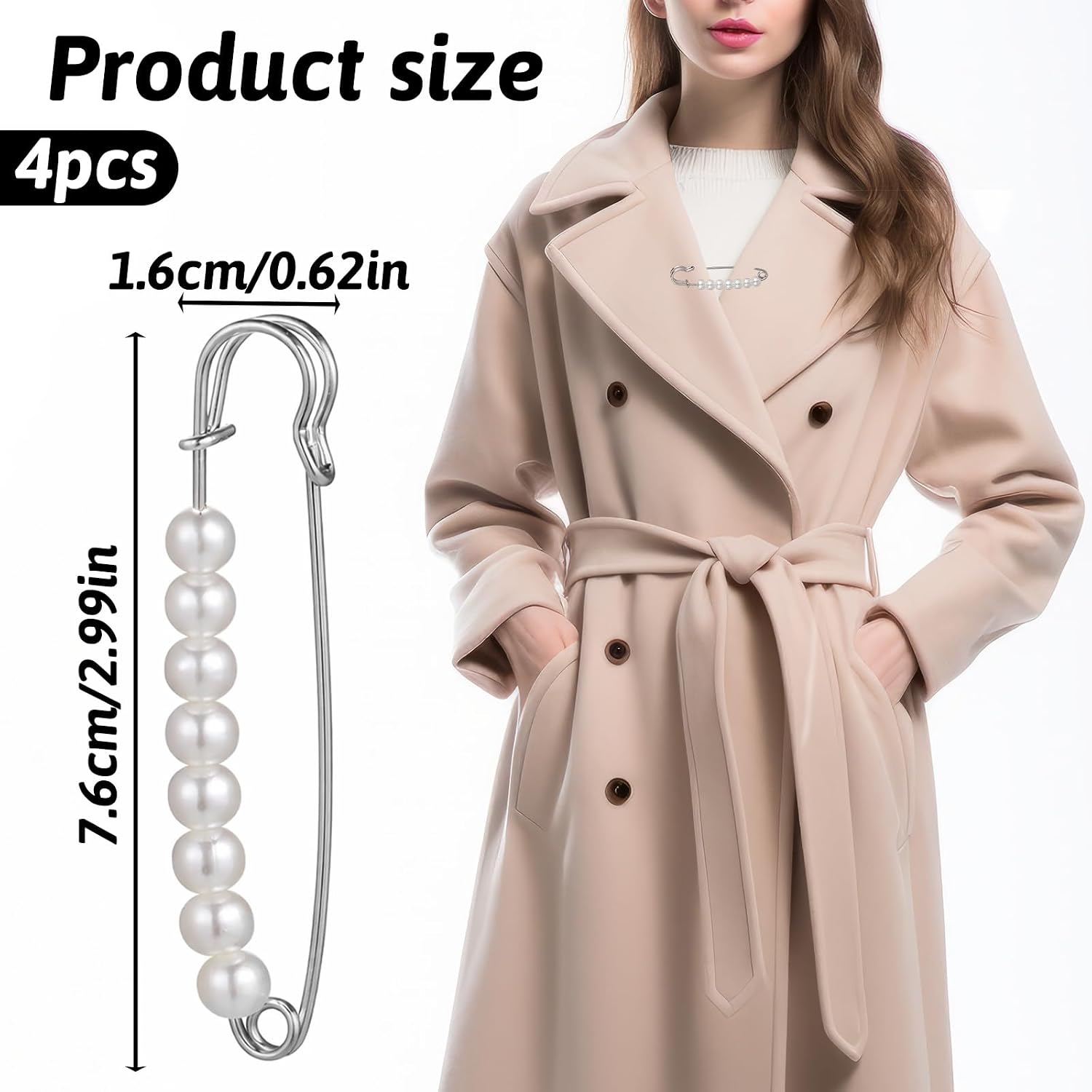 4PCS Pearl Brooch Pins for Women, Silver Decorative Safety Pins for Clothes Hijab Sweater Scarf Hat and Bag Accessories, Elegant Brooches for Jewelry Making and Crafts(3 Inch)
