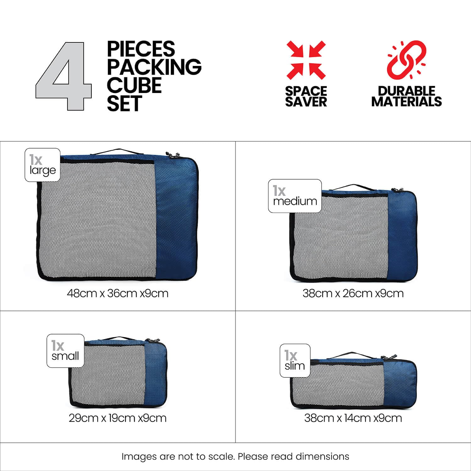 FATMUG Bolsas de viaje organizadoras – Juego de 4 (grande, mediano, pequeño y delgado), Azul Marino, Large-Medium-Small-Slim, Accesorios de viaje