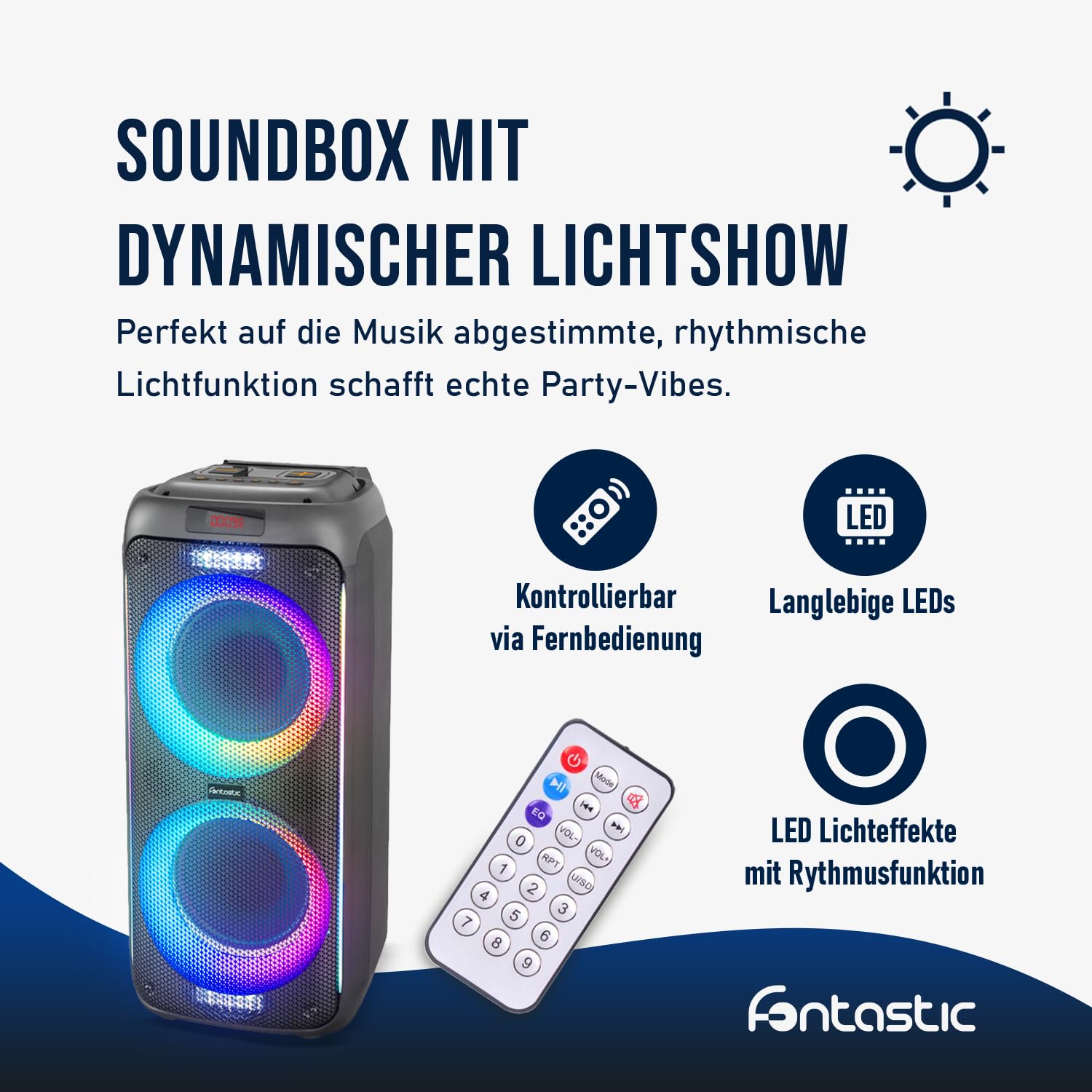 Fontastic Party-Lautsprecher Zeal - Bluetooth Lautsprecher mit USB-Wiedergabe, AUX und MicroSD - Karaoke Box mit Mikrofon und LED Leuchteffekten - tragbares Soundsystem - Schwarz (Zeal 600)