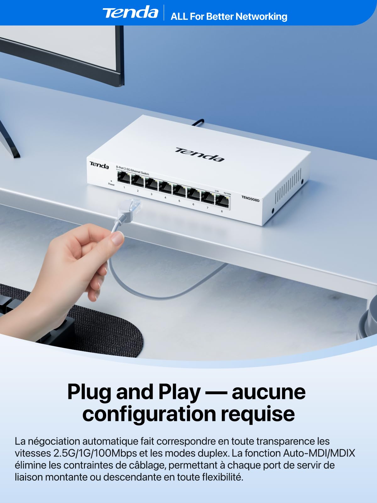 Tenda Switch Ethernet 2.5 Gigabit 8 Ports RJ45, Boîtier Métal, Blanc