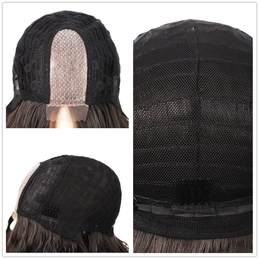 Ombre Black Brown Wavy Wig with Pieced Lace Hairline Simulated Scalp Heated Synthetic Hair Replacement Wig14in