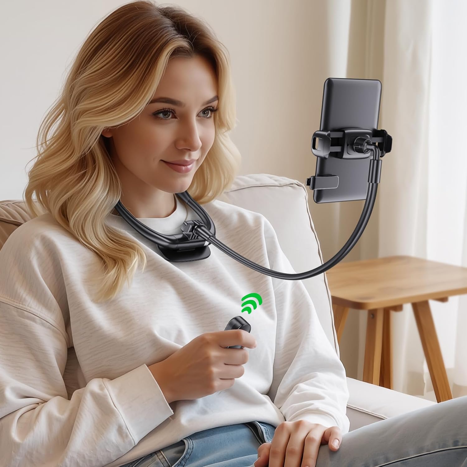 Tryone Neck Phone Holder for Bed: Hands-Free E-Reader Stand with Remote Page Turner for Reading, Flexible Gooseneck Mount for Kindle, iPhone, Perfect for Bed, Sofa & Travel