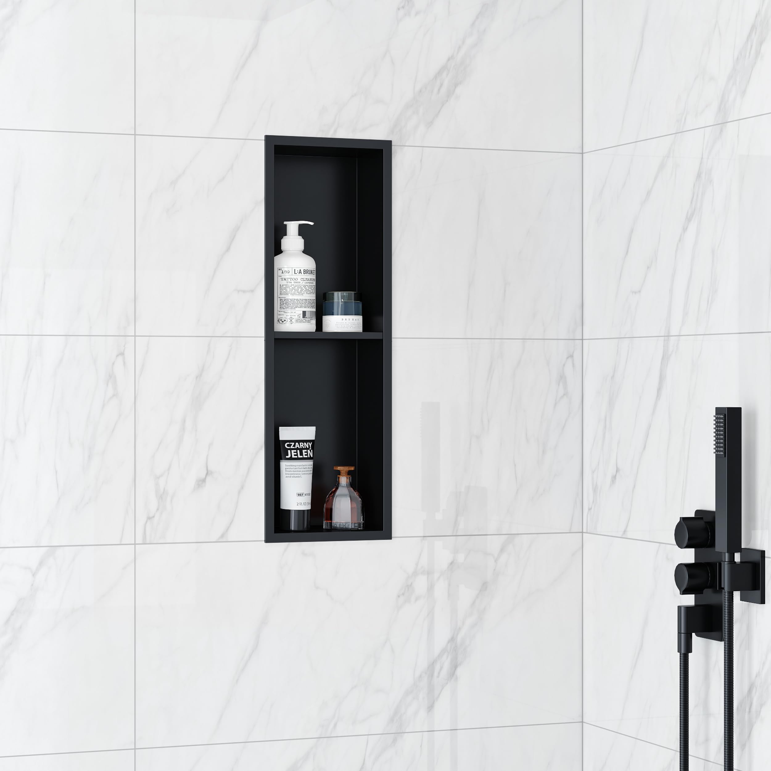 Qeke Recessed Shower Niche of Stainless Steel, Waterproof Embed Wall Niche, Built-in Shower Caddy NO Tile Required, Double Layers, 20X60CM, Black