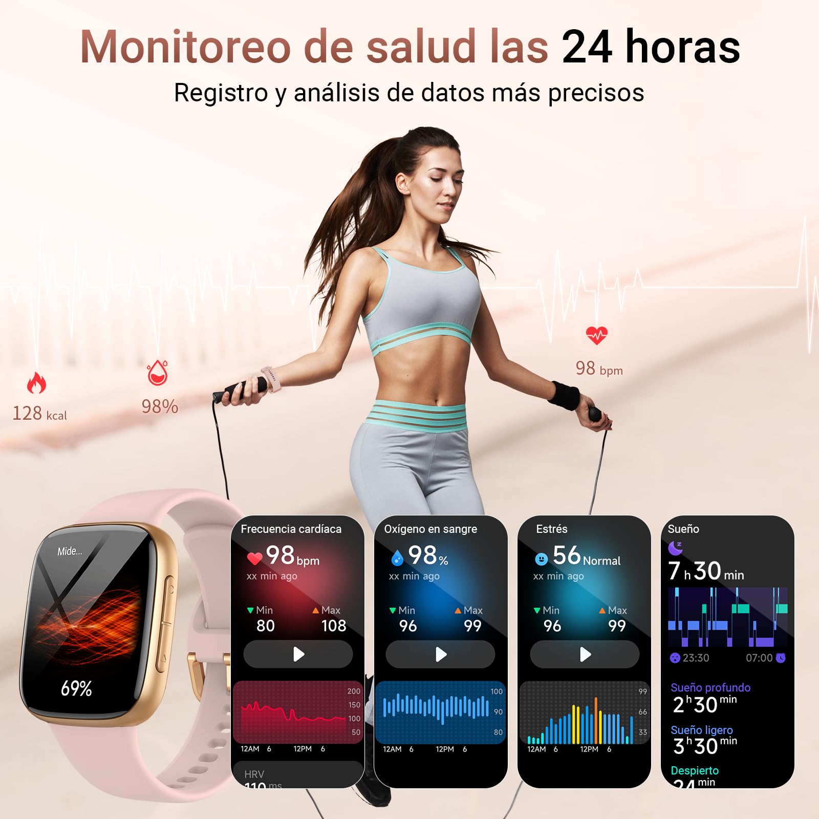 Reloj Inteligente Mujer 1.85" AMOLED Smartwatch Mujer con Llamadas y Asistente de Voz, 3ATM Whatsapp Notificaciones, SpO2/Pulsómetro/Monitor de Sueño, 110 Modos Deportes para iPhone Samsung Android