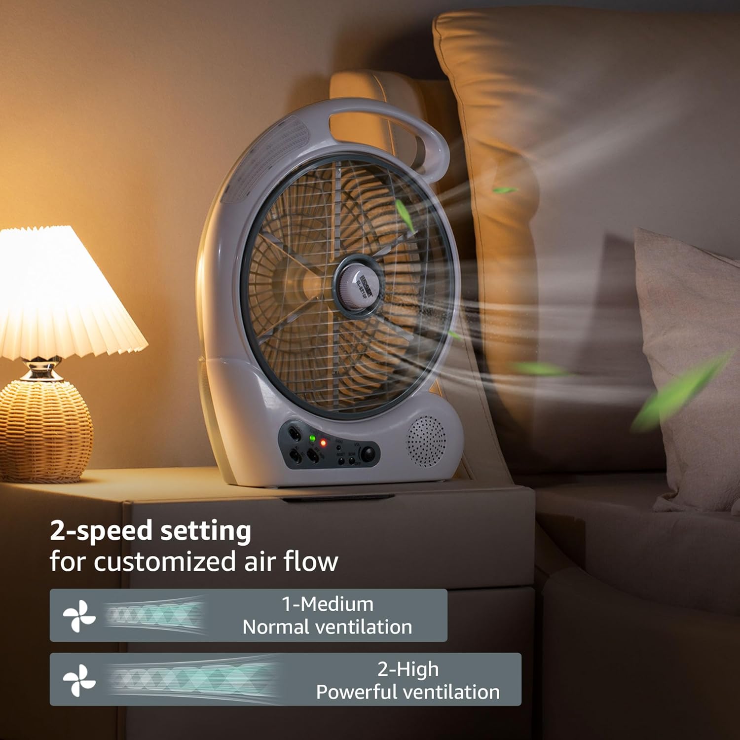 LUDGER 10" Rechargeable Fan with LED and FM Radio (EL-8210F), Portable, Long Battery life, 2 Speeds, USB Charge, AM/FM Radio, Rotatable Grill, Carrying Handle, Hunting, Camping