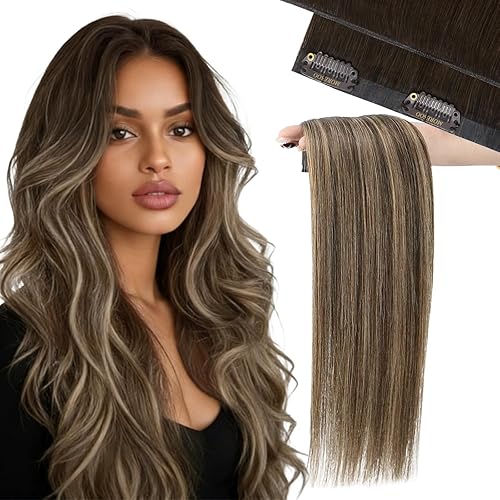 Miniatura 12 de Moresoo - Extensiones de cabello humano Remy lacio sin costuras con pinzas y trama, de poliuretano, cabeza completa, color castaño claro