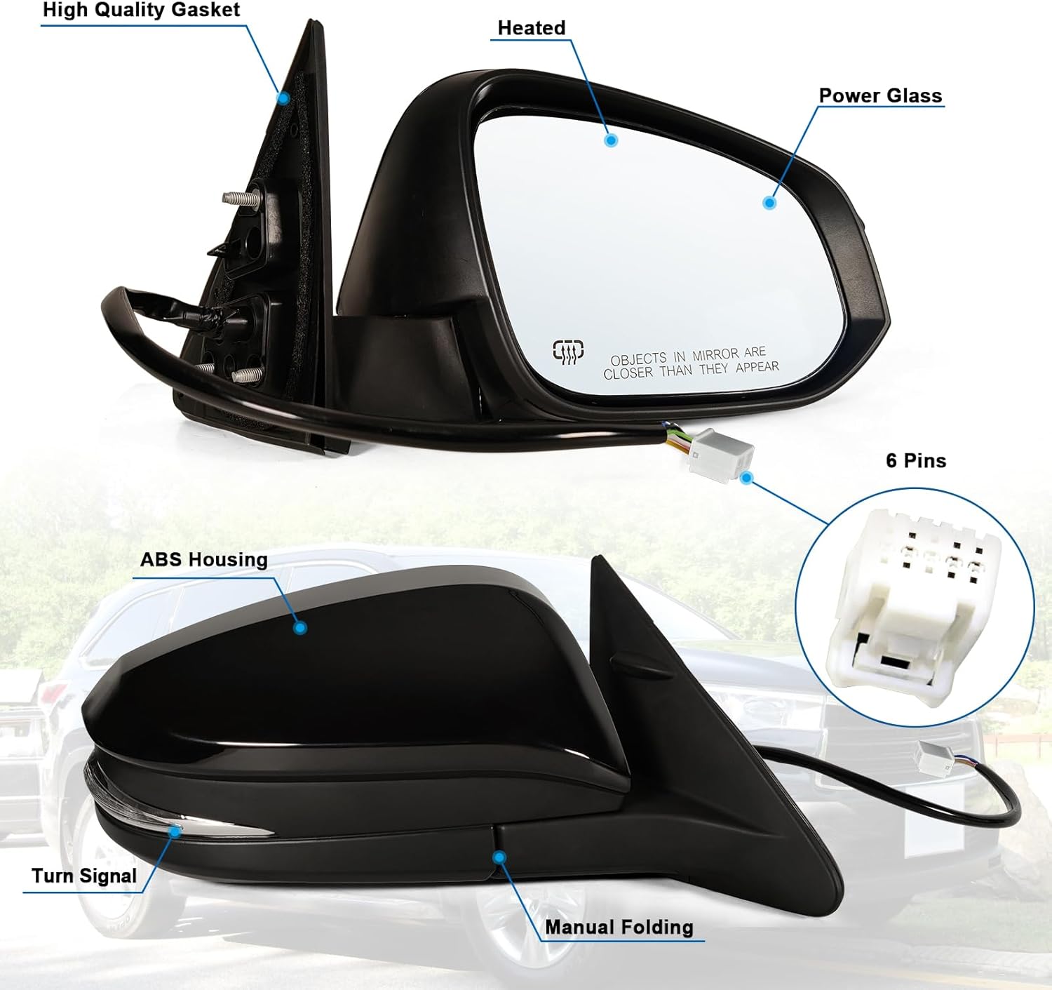 Right Passenger side Mirror Fits 2014-2019 Toyota Highlander With Power Glass, Heated,Turn Signal and Manual Folding,Without Blind Spot Match Black Replace 87910-0E140(6Pins)