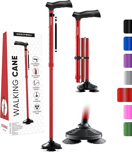 Bastón plegable para hombres y mujeres, plegable, ajustable, resistente, de pie, todo terreno, plegable para personas mayores y adultos Rojo