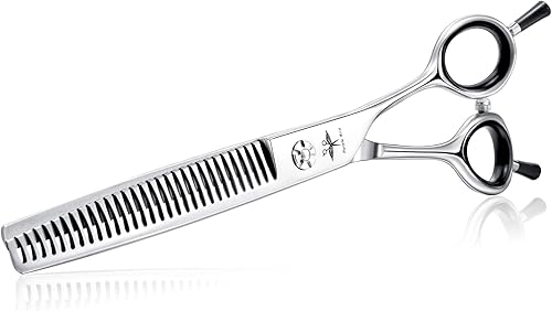 PURPLRBIRD Tijeras rectas de aseo para perros de 7 pulgadas, tijeras texturizantes para adelgazar mascotas, seguridad profesional, punta roma, corte