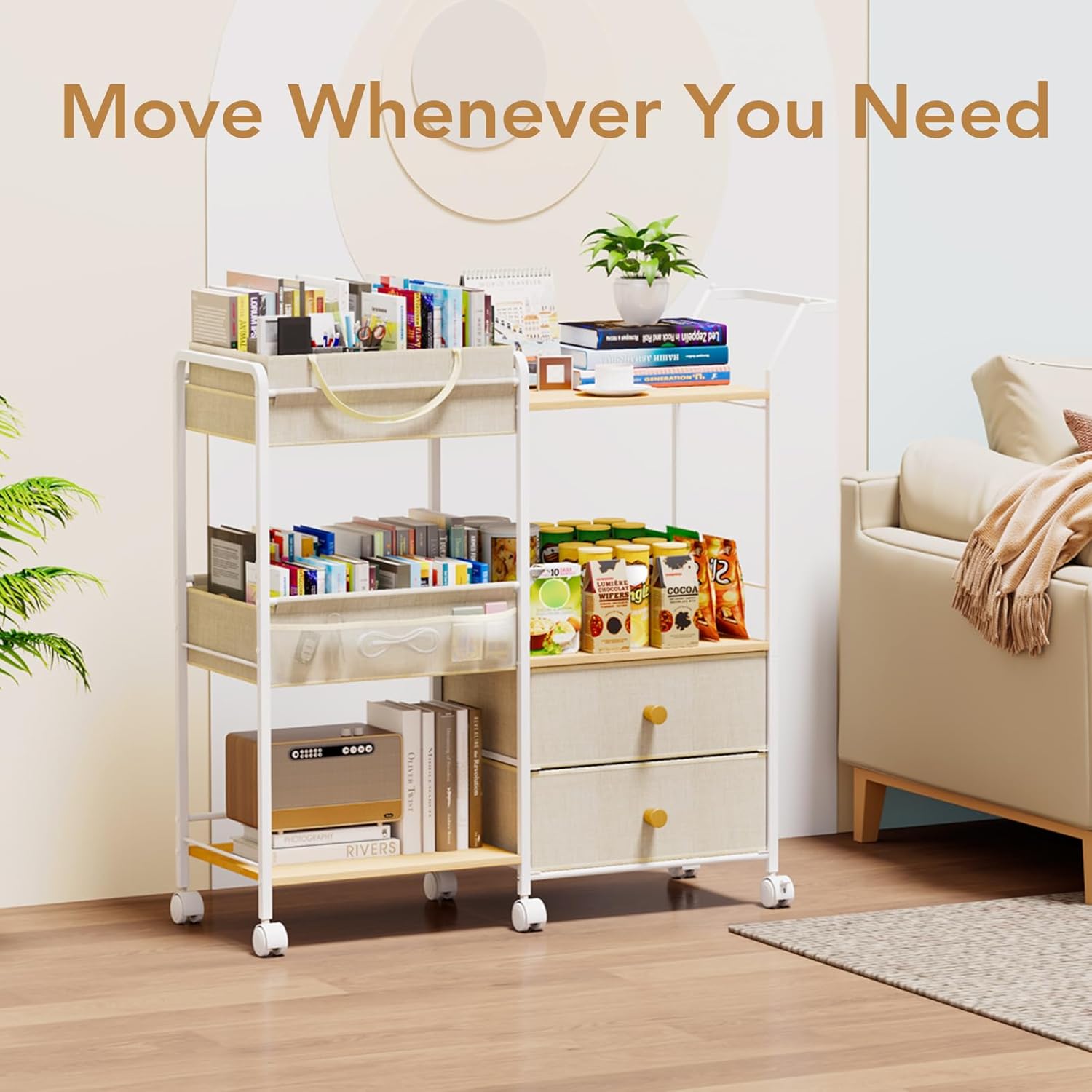 BBLIKE Diaper Caddy Organizer with Hanging Rack - 3 Tier Rolling Baby Storage Cart with Drawers and Side Pockets for Newborn Diaper Organization for Nursery, Crib, Bedroom, Changing Table, Beige