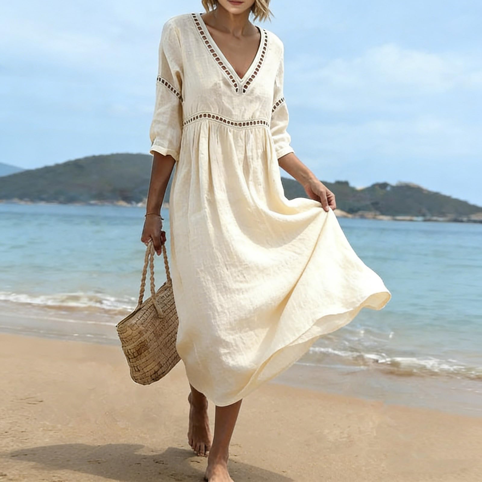 Robe Femme Été Longue Robe en Lin Coton Vêtement Femme Chic Robe Tunique Ample Col V Broderie Robe de Plage Bohème Manches 3/4 Légère Fluide Hippie Rétro Casual