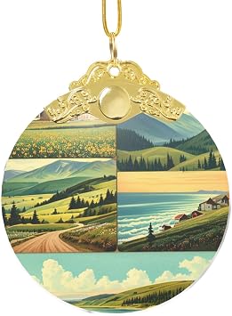 Round Christmas Tree Pendant,Glass Decorative Ornaments with Vintage Vistas Print for Xmas New Year Festival