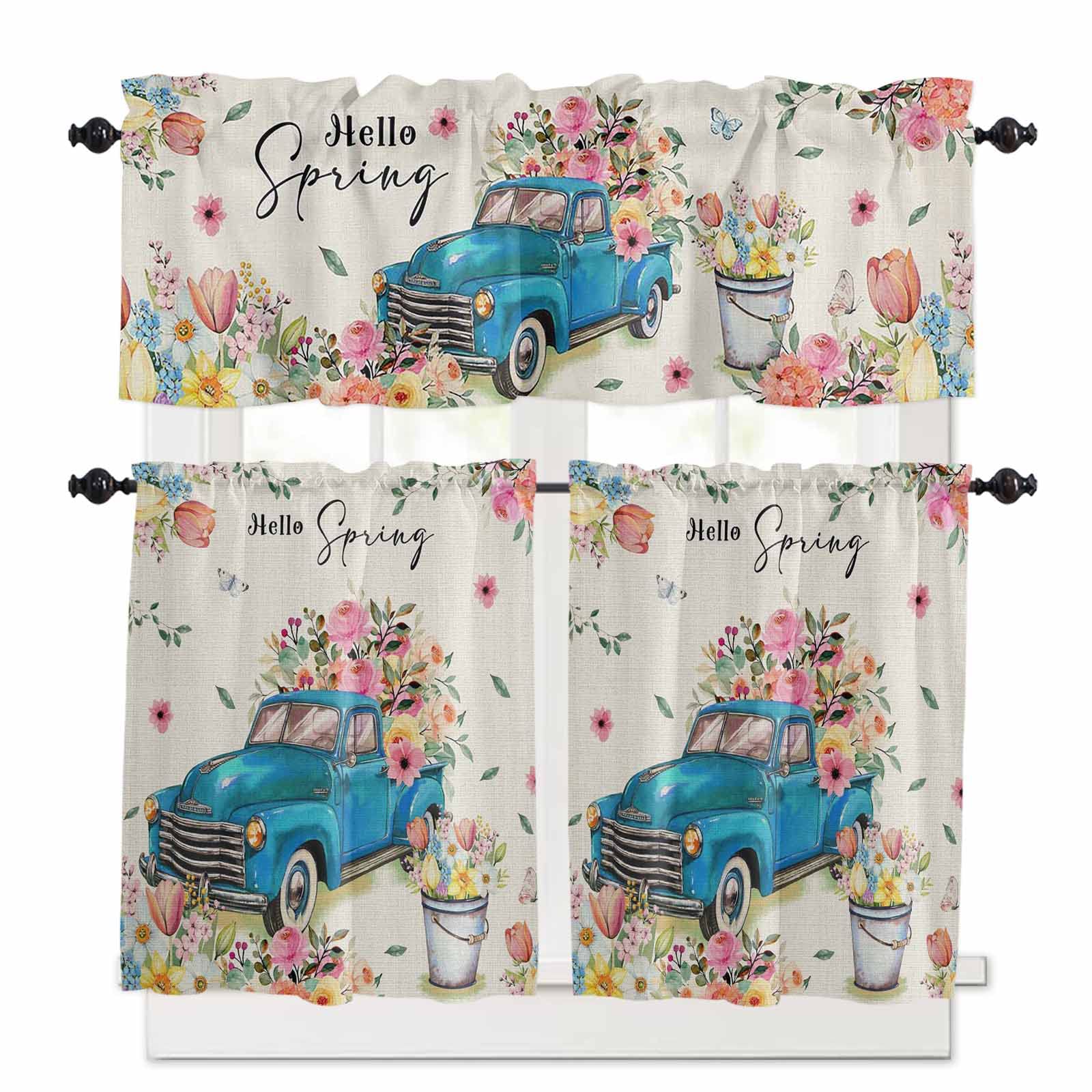 Custom Bed USA Floral 3 Pcs Window Treatment Tiers, Rod Pocket Drape Valance 54x18 inch, Privacy Tier Curtain Valances for Kitchen Bathroom, Blue Farm Truck with Spring Flowers