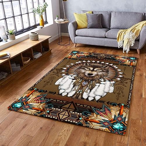 Miniatura 2 de Alfombra de área, alfombra de espíritu de lobo nativo americano, THB2937R, de 5 x 8 pies, alfombras esponjosas para dormitorio, alfombra moderna