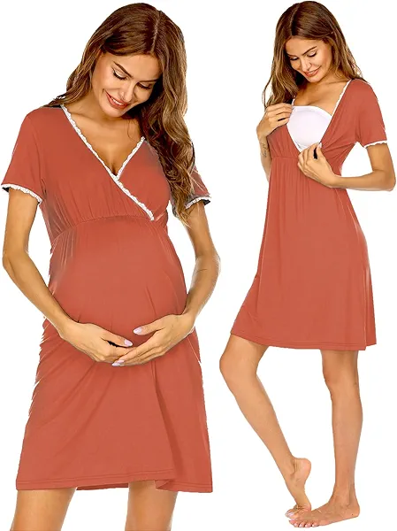 Ekouaer Nursing Nightgown Delivery and Labor Gown for Hospital Short Sleeve Maternity Breastfeeding Dress