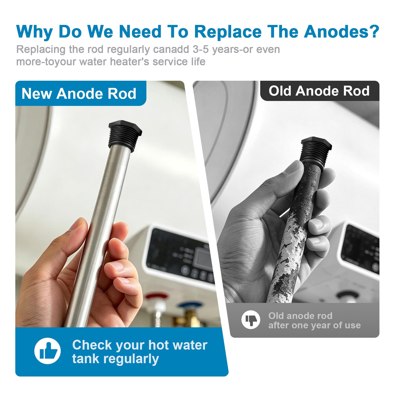 Anodo per scaldabagno al magnesio da 44 pollici compatibile con GE, Rheem | Kit flessibile NPT da 3/4" con presa da 1-1/16" e nastro in teflon; compatibile con Reliance, Richmond, Kenmore e AO Smith