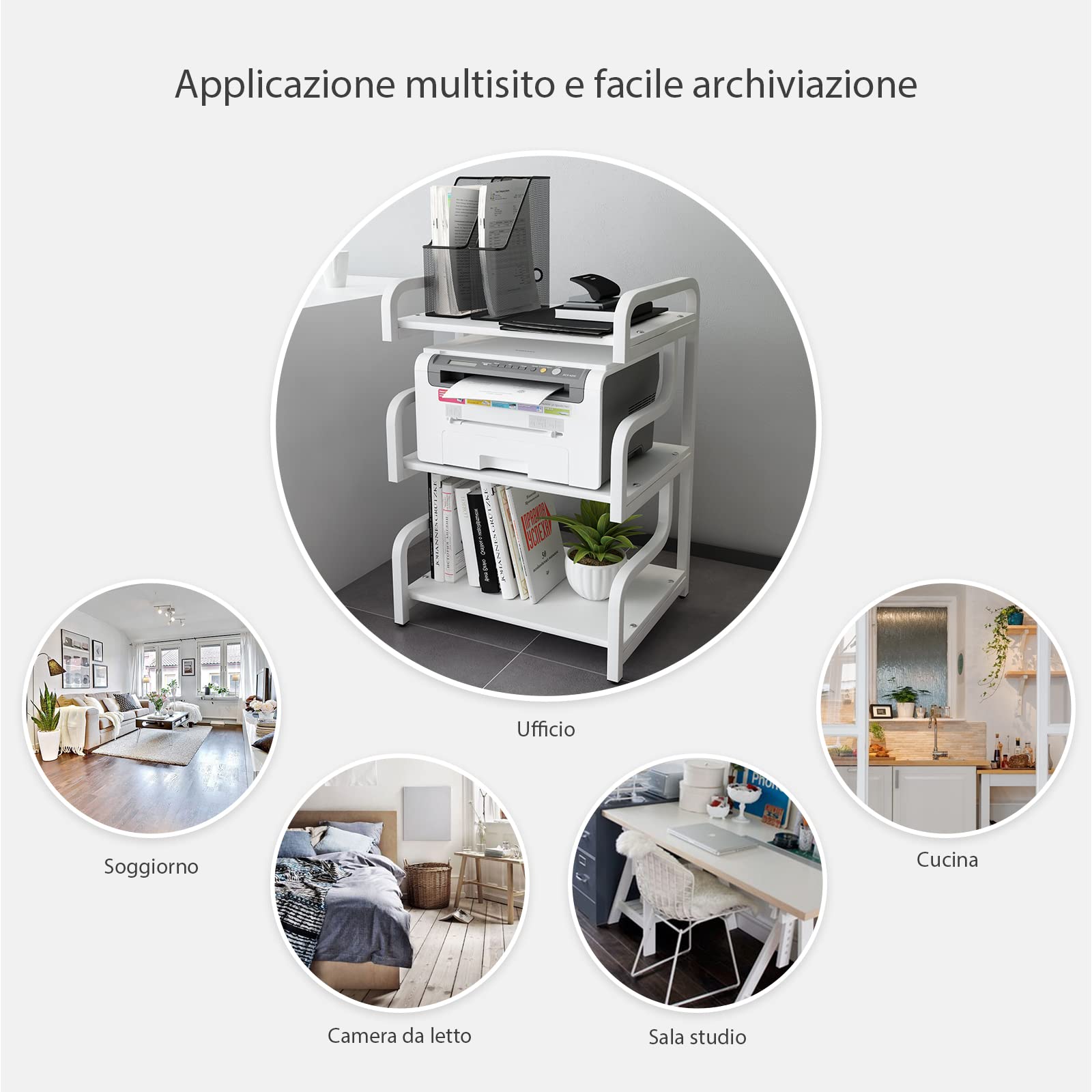 PUNCIA Supporto per Stampante a 3 Livelli Mobile con Magazzino Porta Scaffale per Stampante in Legno Armadio di Stoccaggio per Scanner Fax 55x40x84 CM per Ufficio e Casa (Bianco)