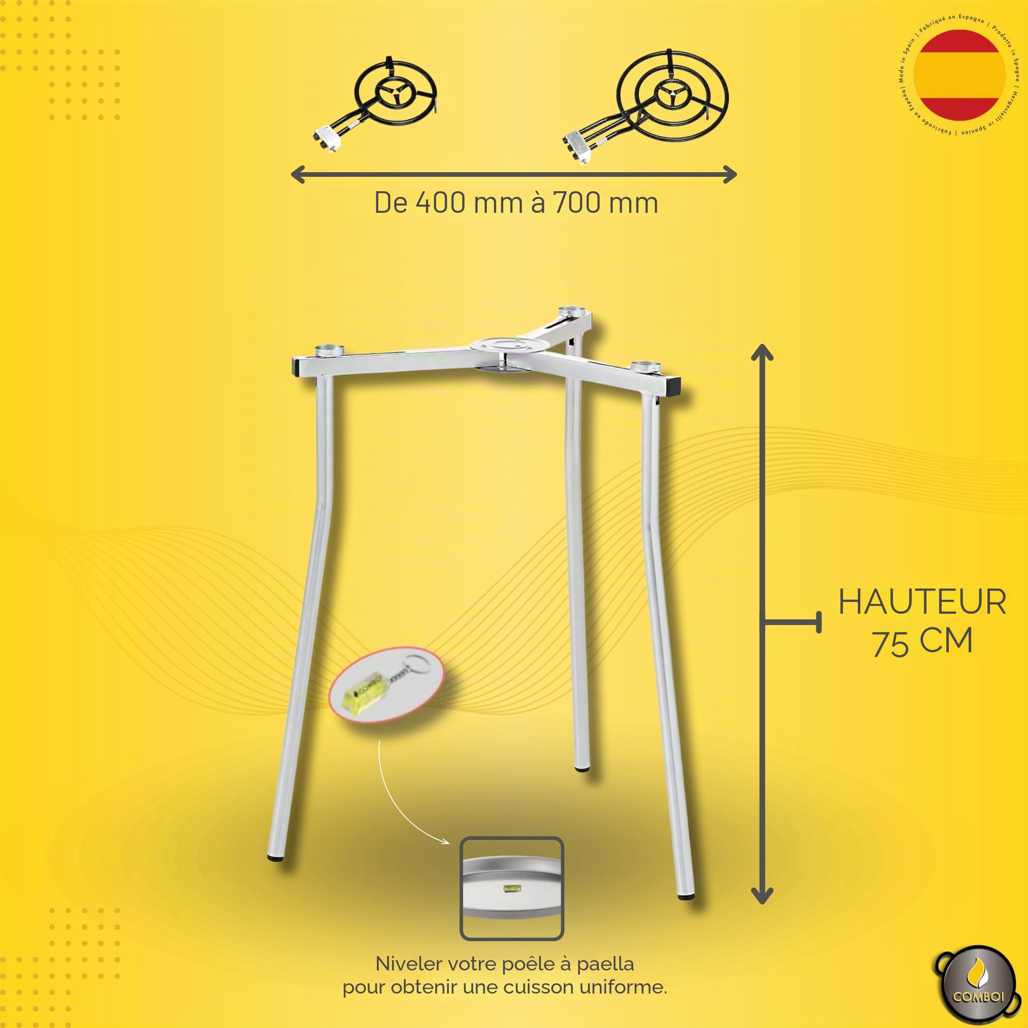 COMBOI Kit Réchaud à Paella à Gaz Butane 70 cm, Poêle 90 cm, Régulateur, Tuyau, Support Pieds Renforcés, Niveau, Tablier et Livre de Recettes Numérique