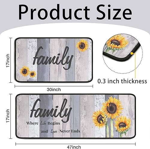 Miniatura 9 de Juego de 2 alfombras de cocina con diseño de girasol, antideslizantes, impermeables, resistentes a las manchas, para suelo, cocina, exteriores, 17 x