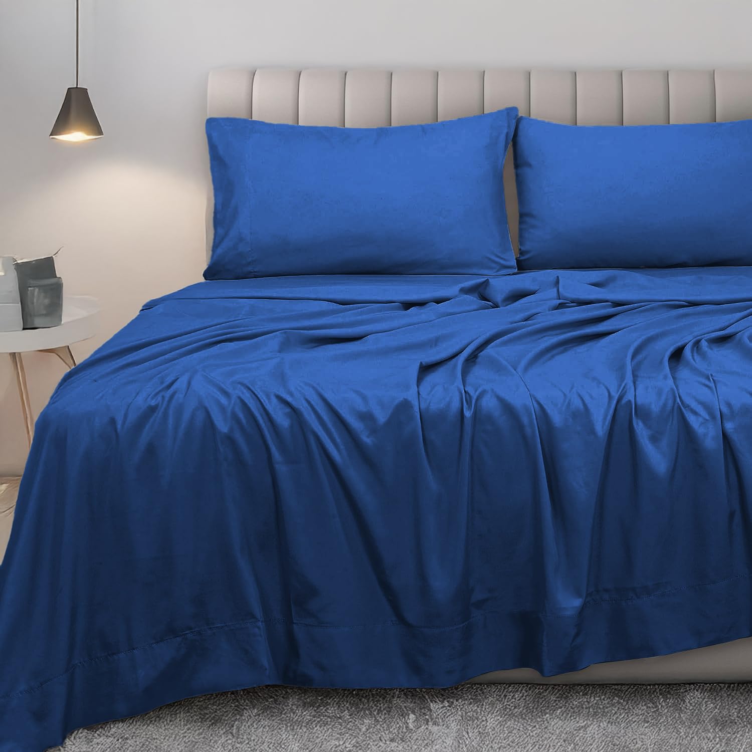 LINENWALAS 100% Cotton Percale Bedsheet with Pillow Covers | Soft, Cool & Crisp Hotel Quality Flat Sheet | Double Bed Size - 300 TC (90x100 Inches, Cobalt Blue)