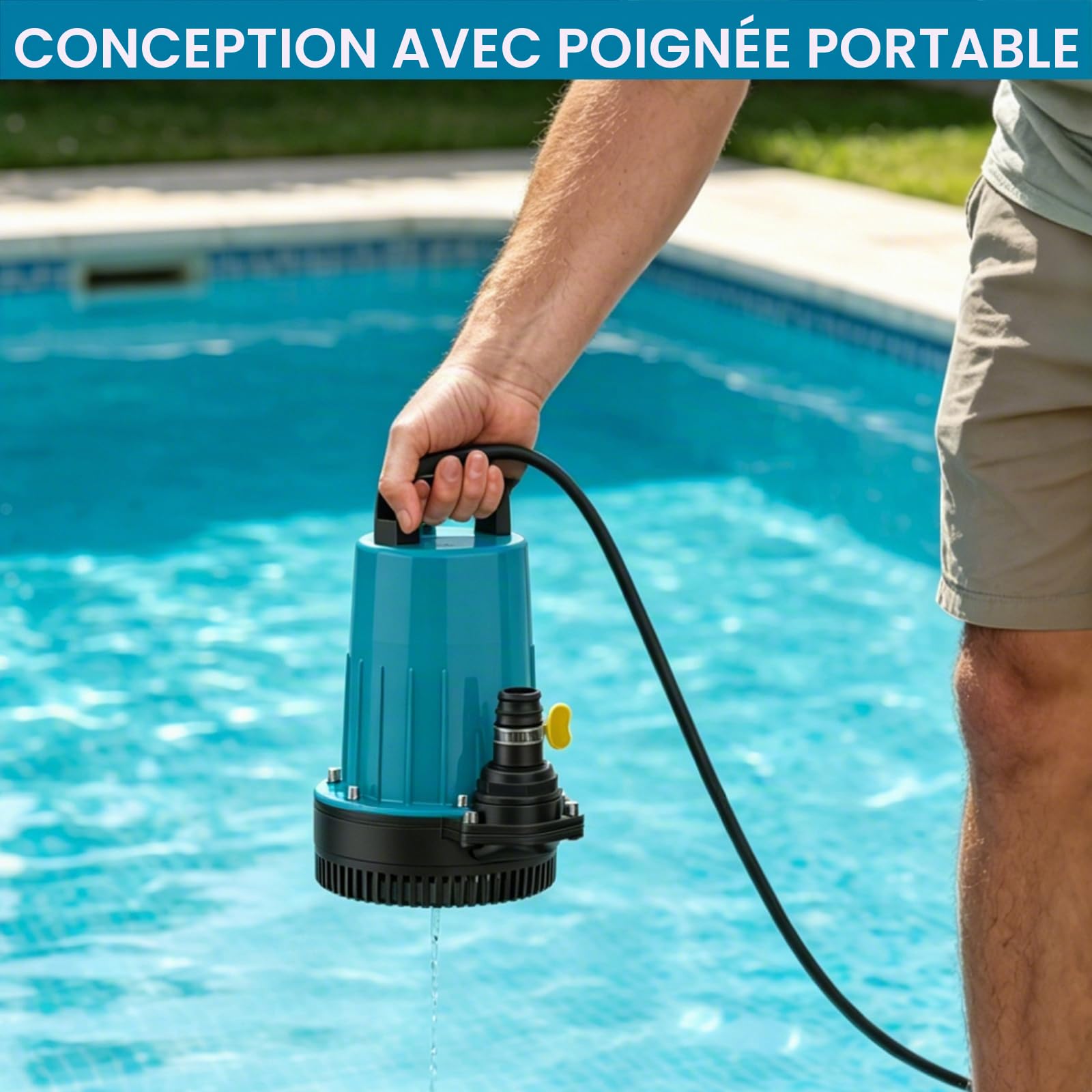 Pompe Submersible, 11000 L/H Pompe à eau Sans fil avec Câble de Connexion de 5m, Batterie 21V et Chargeur,Hauteur de Refoulement Max.12m, Idéal pour Piscine, Lit à eau, Arrosage du Jardin