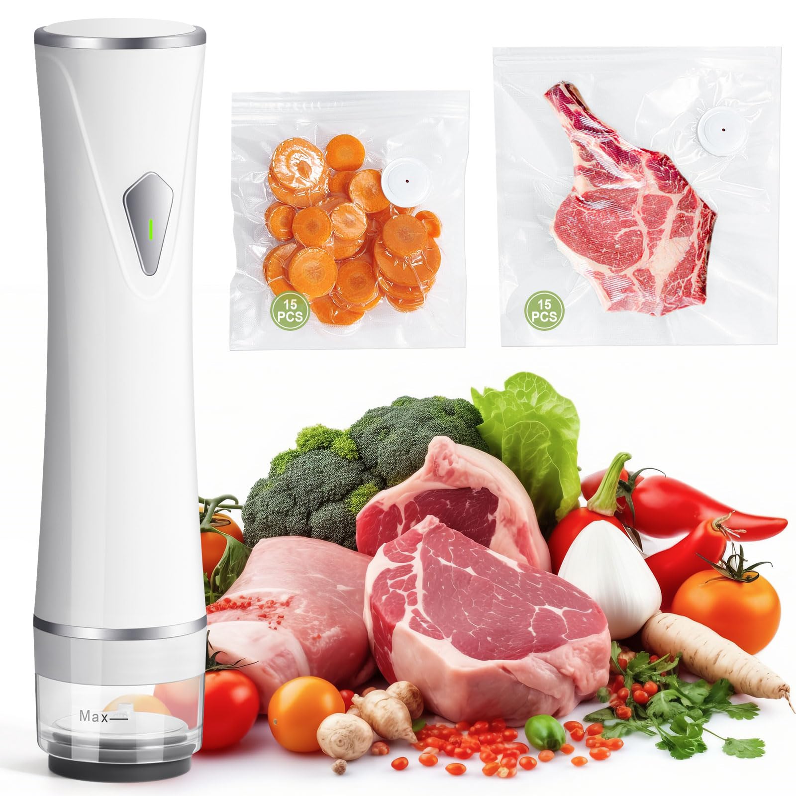 Sigillatrice sottovuoto compatta per alimenti, portatile, con arresto automatico e filtro staccabile, 5 chiusure di freschezza, include 30 sacchetti sottovuoto riutilizzabili per cucina
