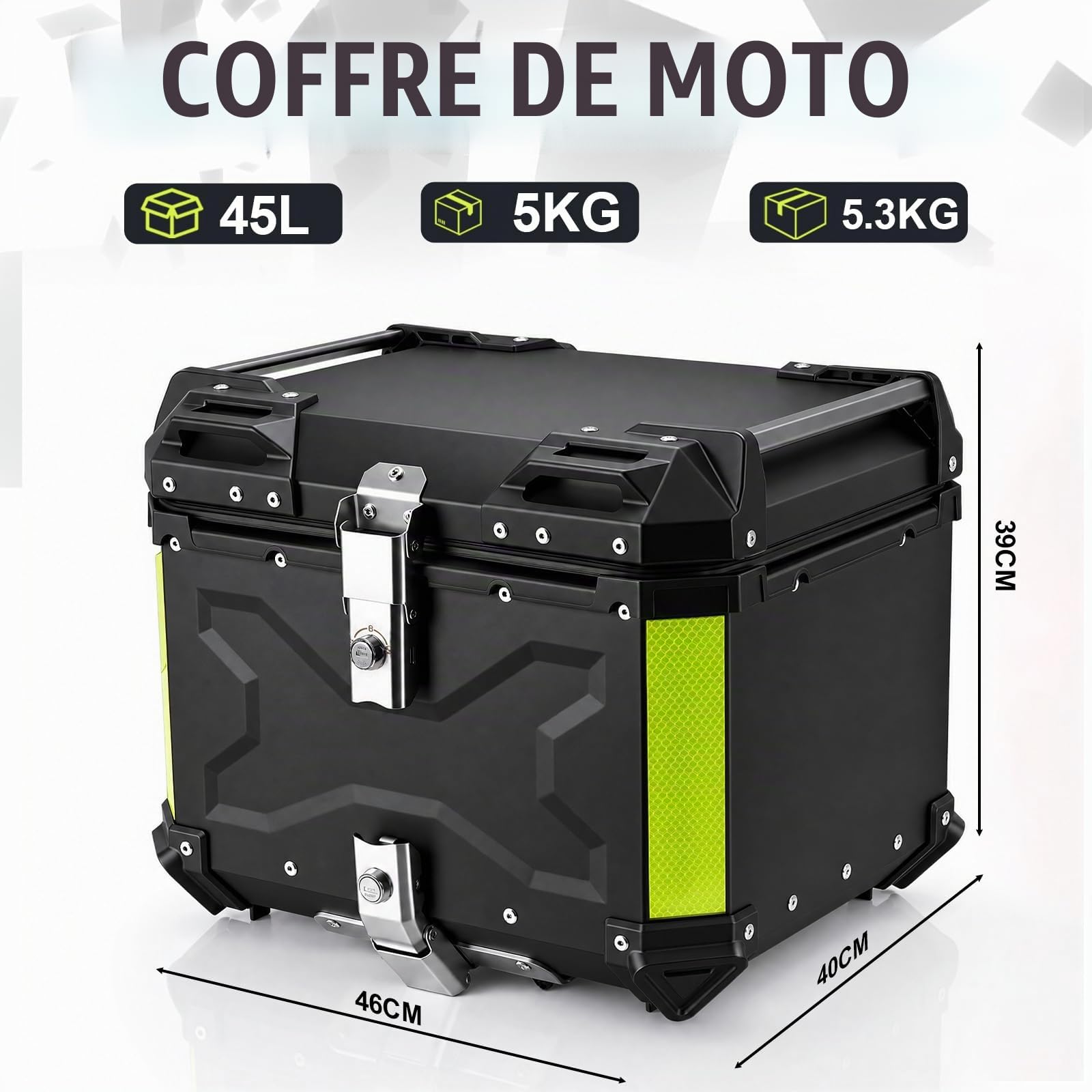 Top Case Universel pour Moto 45L, avec Dossier et Serrure de Sécurité, Coffre de Rangement pour Casque de Moto Étanche, Aluminium，Support de Fixation Universel (Noir)
