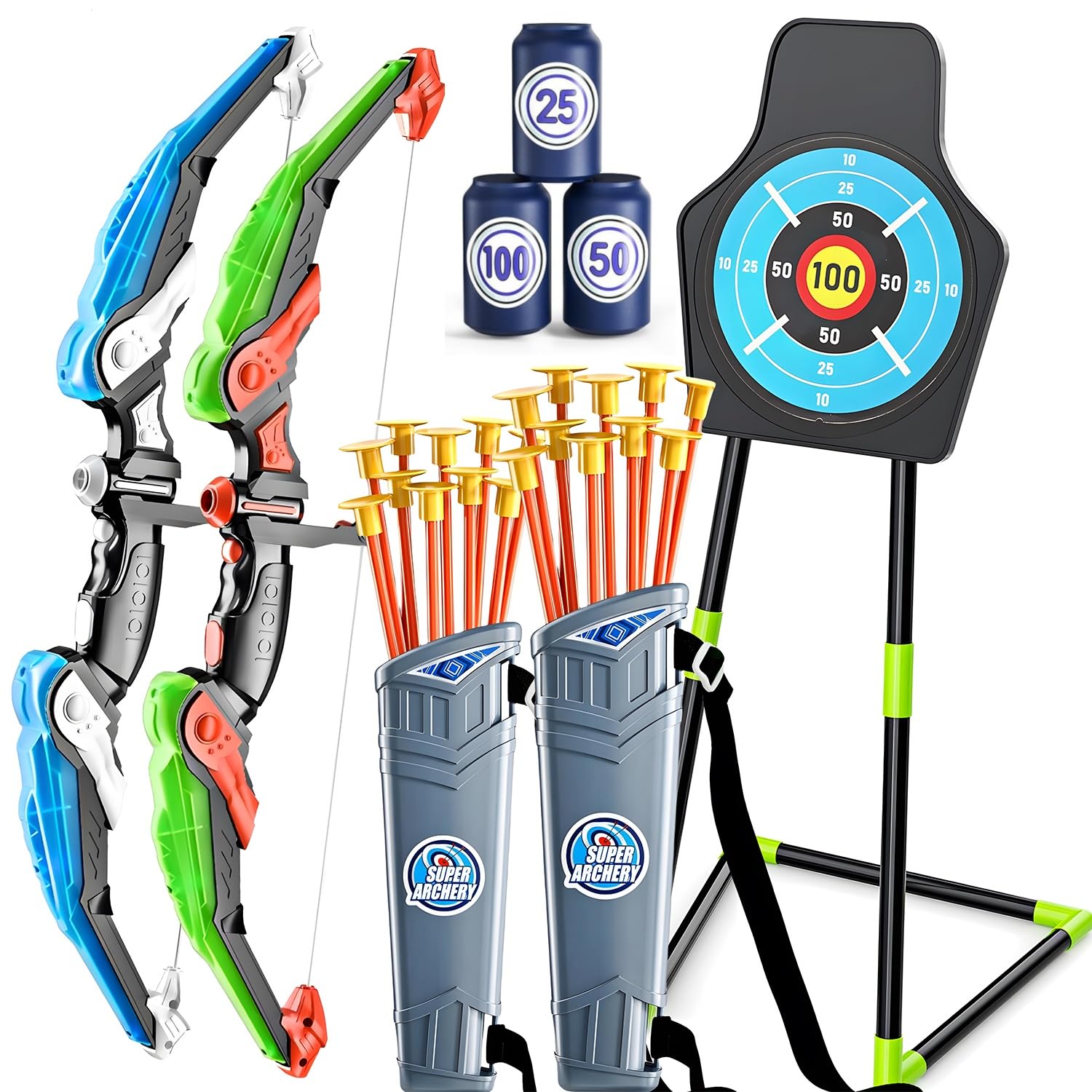 EagleStone 2 Pack Kids Bow and Arrow with LED Light,Archery Set with Standing Target, Bow and Arrow Toys for Kids 4-6 6-8 8-12,Outdoor Games Toys for Boys GirlsGlobal Recycled StandardGlobal Recycled StandardGlobal Recycled Standard