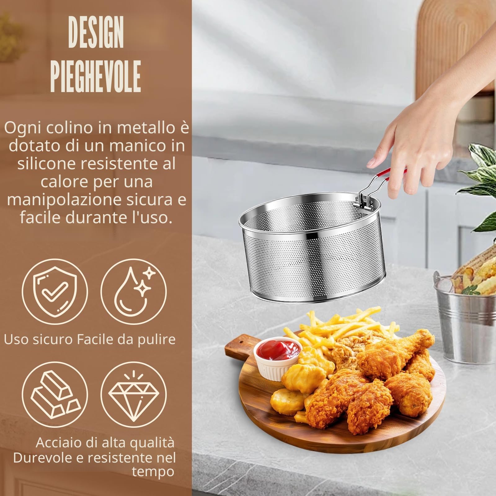 OMJMYY Set di 2 Cestello per Pasta 18/20 cm Colapasta Acciaio Inox Scolapasta con Manico Rimovibile Colino Acciaio Inox Maglia Fine per Lavare Friggere Cuocere a Vapore Drenare