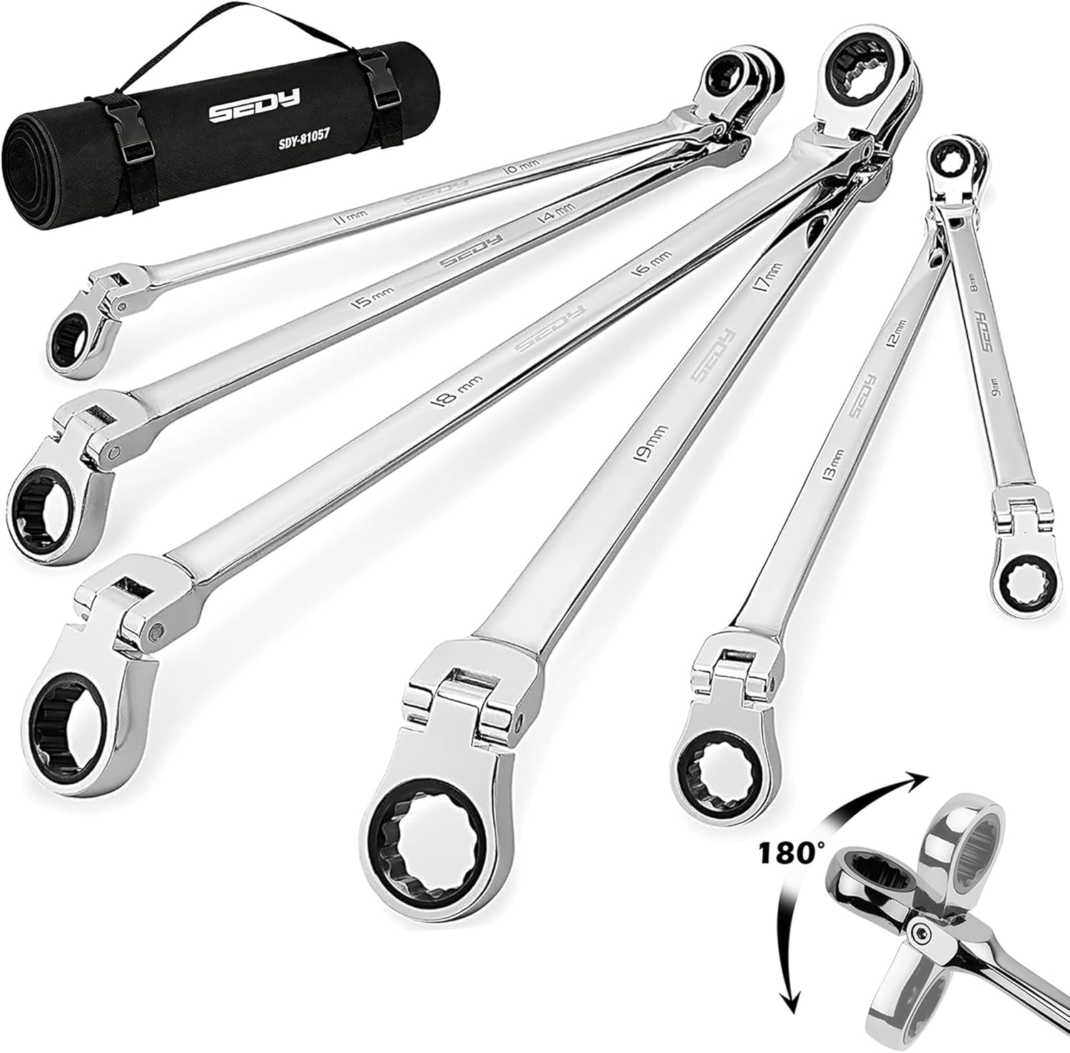 Extra Long Flex-Head Ratcheting Wrench Set, Anti-Slip 6-Piece Double Box End Wrench Set, 72-Teeth, Metric 8-19mm, CR-V Steel Wrench with Rolling Pouch
