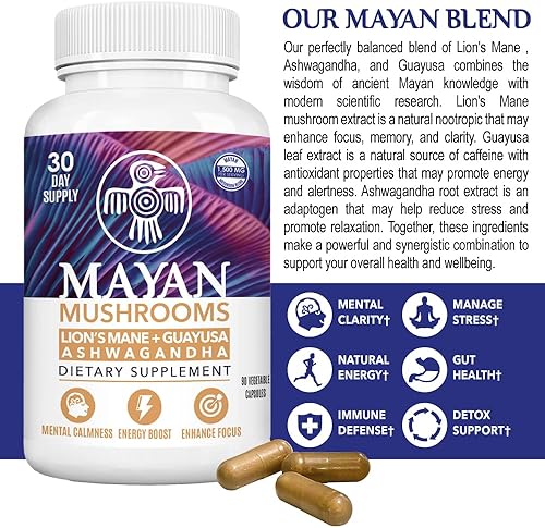 Miniatura 2 de Hongos mayas  Melena de león 500 mg  Guayusa 500 mg  Ashwagandha 500 mg  Suplemento para calma mental, enfoque, cerebro y apoyo de memoria. Vegano,