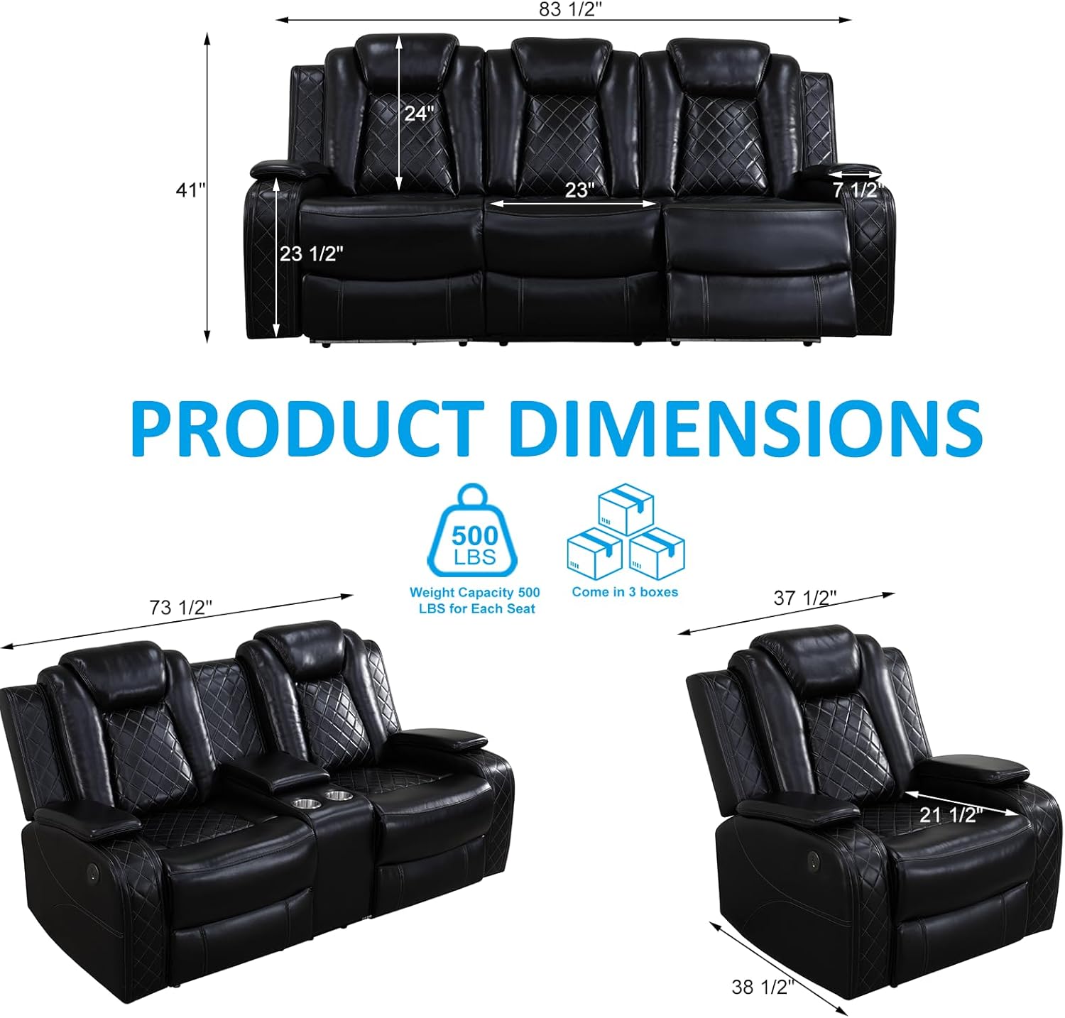 Power Reclining Leather Sofa Set – 3-Piece Home Theater Seating with LED Lights, Wireless Charging, USB Ports, Storage Console & Cup Holders, Black