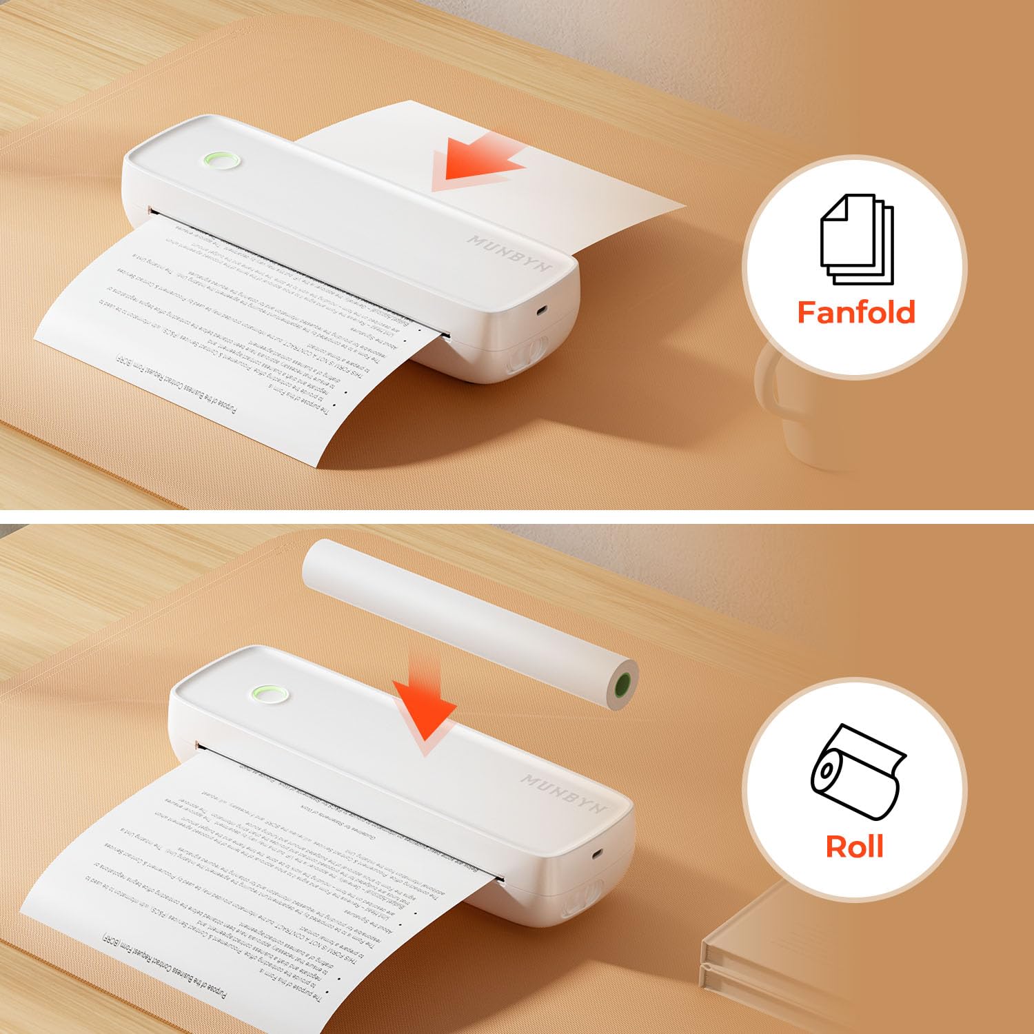MUNBYN Draagbare printer Draadloos reizen ITP04, Thermische Bluetooth- printer, Ondersteuning 8,5''x11''&A4, Inktloze, Compatibel met Android iOS-telefoon en -laptop, Kleine mobiel, Wit