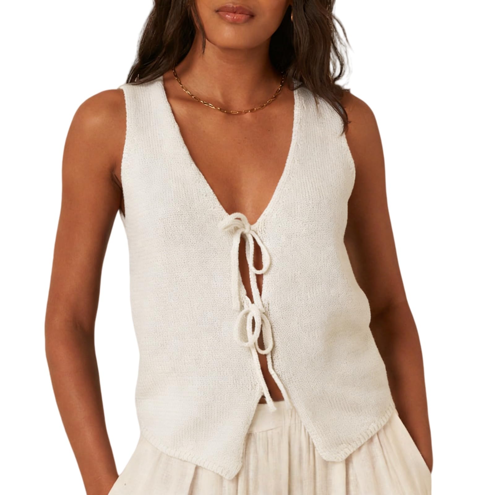 Women Sleeveless Knit Vest Top V Neck Open Front Tie Up Crochet Crop Top Casual Vintage Y2k Sweater-image-8