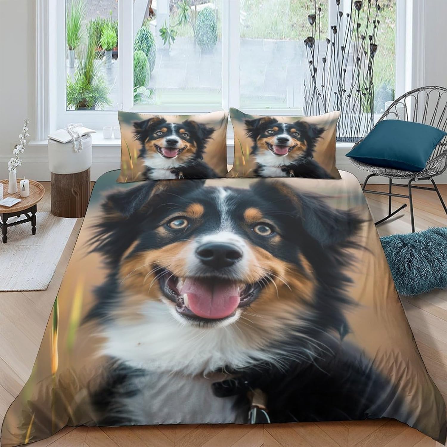 Parure de lit chien 3 pièces en microfibre 155x220 cm avec housse de couette imprimée 3D et taies