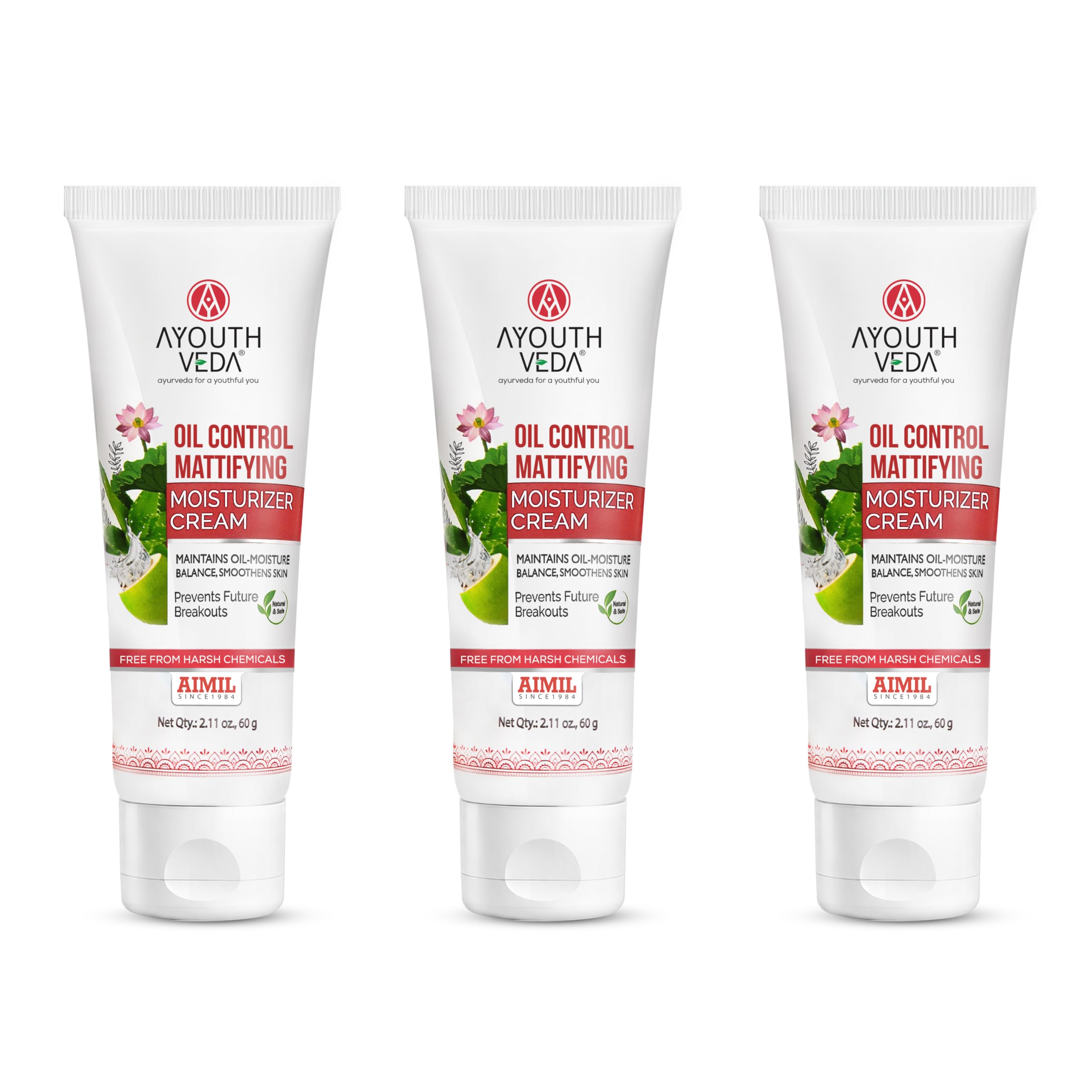 Ayouthveda Oil Control Moisturizer for Oily & Acne-Prone Skin | Lightweight, Hydrating & Mattifying Formula with Garcinia, Green Tea & Coconut Water | 60g (Pack of 3)