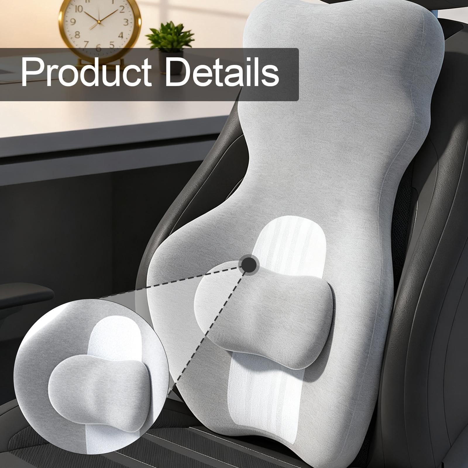 Coussin de Soutien Lombaire Ergonomique, Coussin de Chaise Bureau et Gaming, Taille Compacte 65x44x14 cm, Gris Clair
