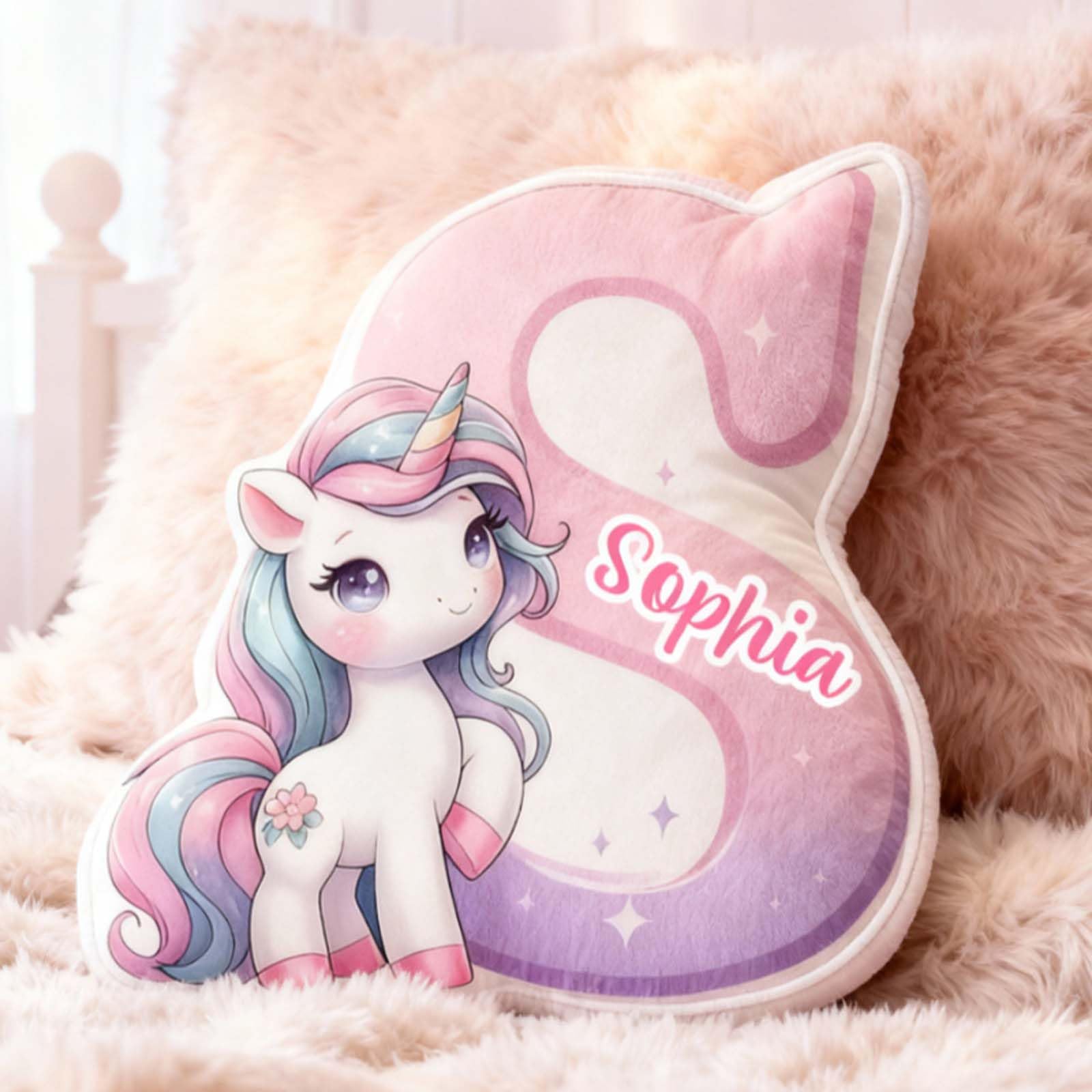 Drawelry Cuscino Personalizzato a Forma di Unicorno,Decorazione per la casa,Cuscini Decorativi Regalo di Natale Carino per Bambine (lettera unicorno)