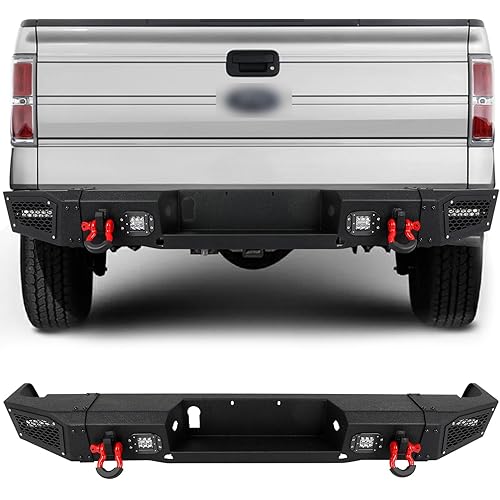 CCIYU Textured Black Rear Bumper Fit for 2006-2014 for Ford F-150 Heavy-Duty Steel Bumper with D-ring and Lights