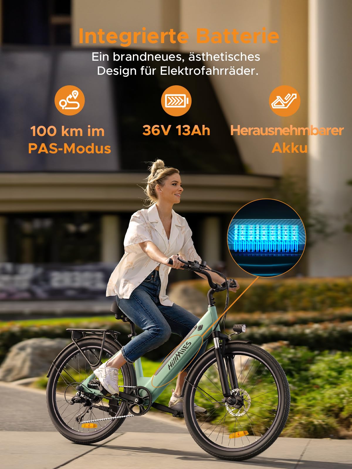 HillMiles Elektrofahrrad für Erwachsene, 26 Zoll, 7 Geschwindigkeiten, Elektrofahrrad mit 36 V, 13 Ah, abnehmbarer Akku, 25 km/h & Autonomie von 80 – 100 km E-Bike für Stadtpendler, IP65 wasserdicht