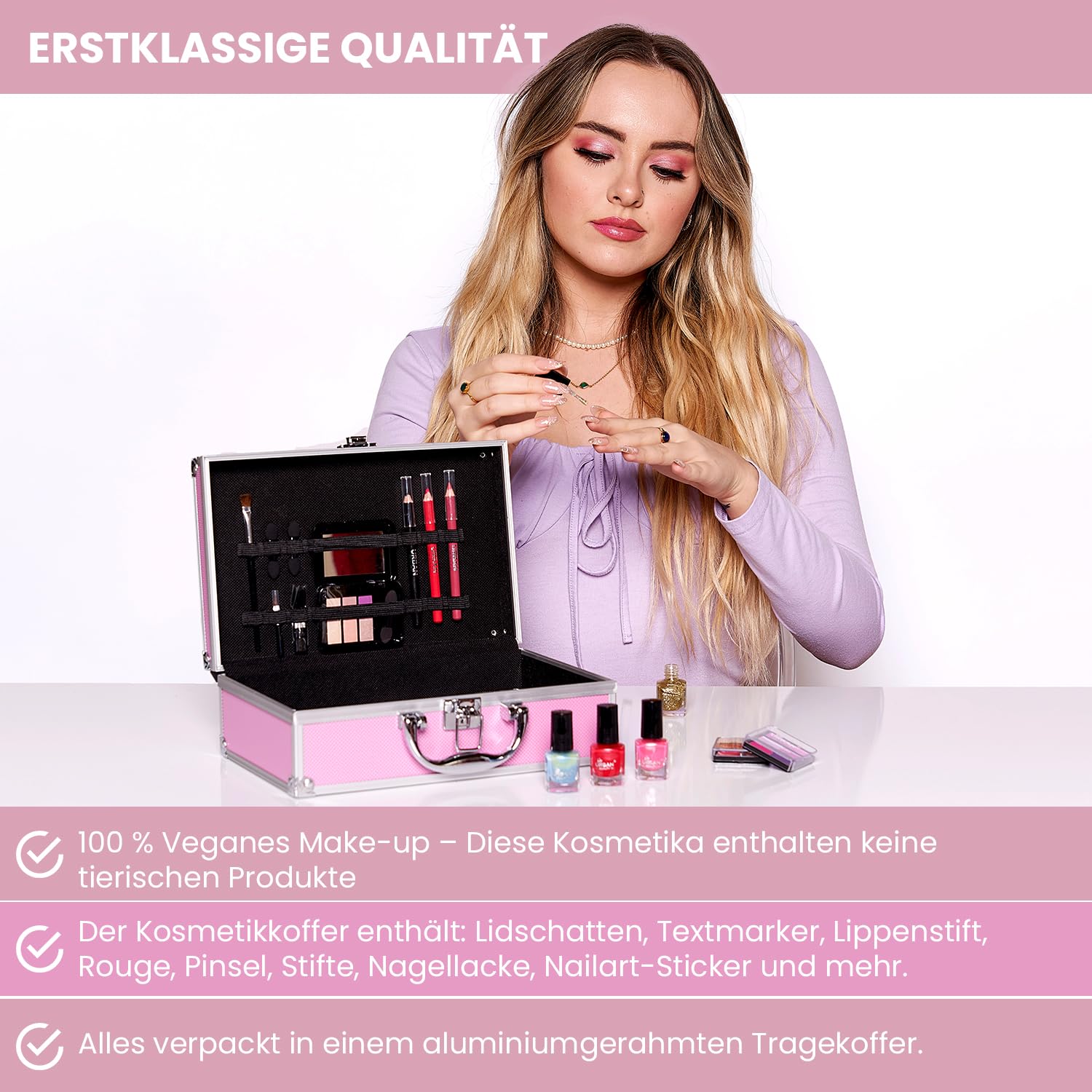 LOVE URBAN BEAUTY Veganes Hot Pink Schminkkoffer - 82-teiliges Schminkset für Teenager und Frauen mit Lidschatten, Rouge, Lippenstiften und Nagelprodukten - lustiger Reise-Schminkkoffer für Mädchen