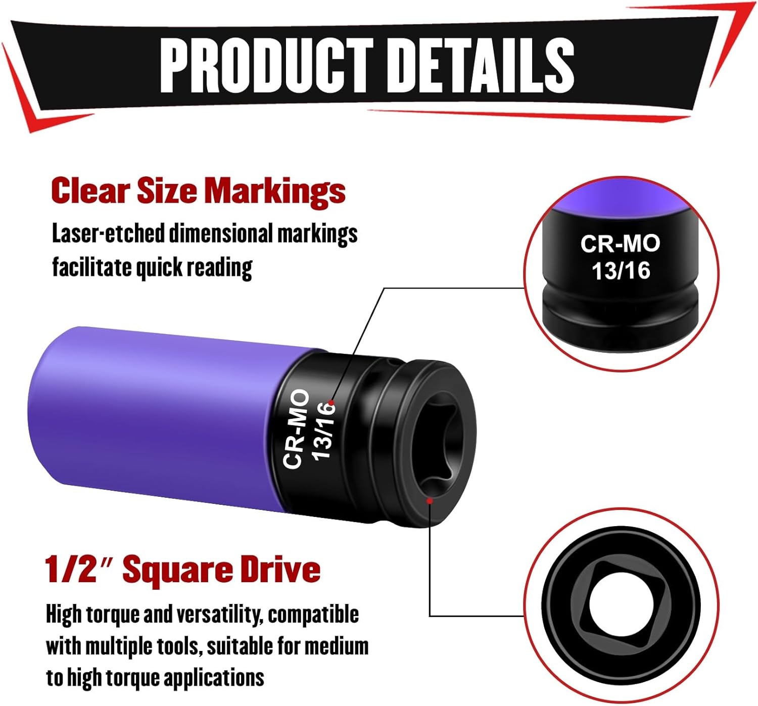 YIYITOOLS 5Pcs 1/2" Drive Lug Nut Socket Set, Color-Coded Thin Wall Deep Impact Sockets, Metric 17mm/19mm/21mm & SAE 13/16"/7/8", CR-MO Steel, 6-Point, Non-Marring Wheel Protector