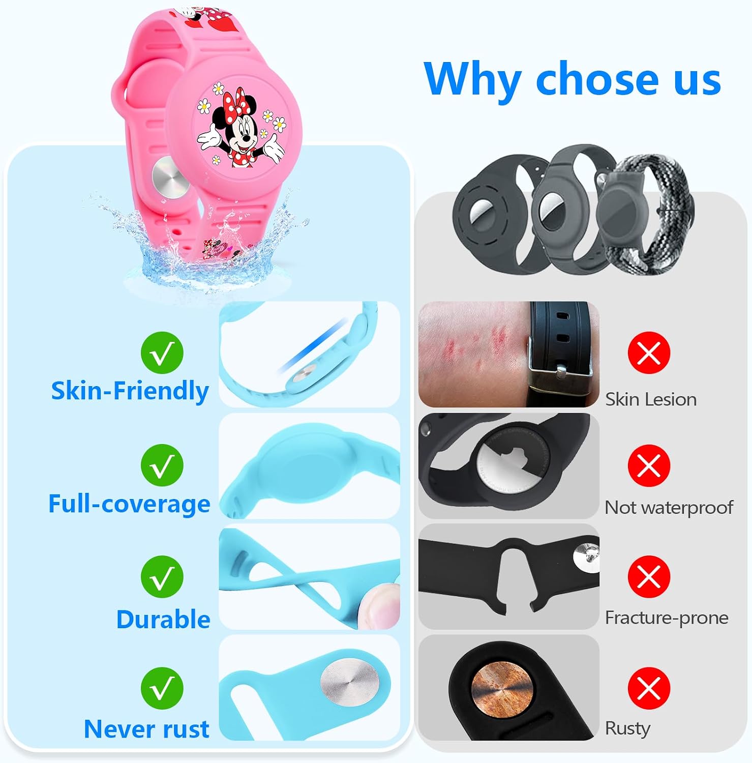 Waterproof Airtag Bracelet for Kids, Cute Cartoon Silicone Air Tag Holder Hidden Design, Light Weight Compatible with Apple AirTag Wristband for Child, Pink