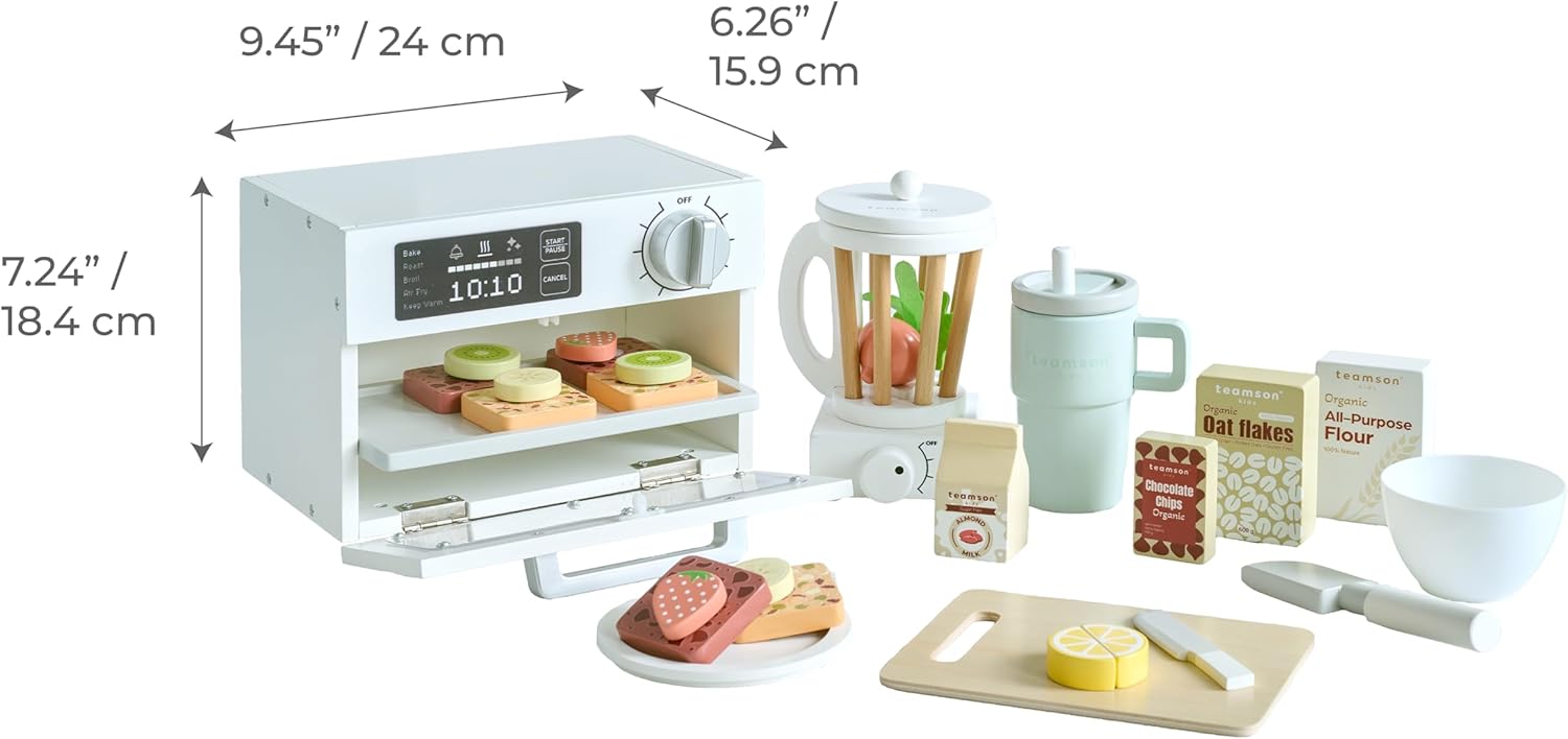 Teamson Kids Little Chef Santa Barbara Wooden Healthy Dessert Set - 27 Pieces Pretend Toy Food Accessories Plus Oven & Blender, Educational Role-Play for Kids Ages 3+, White