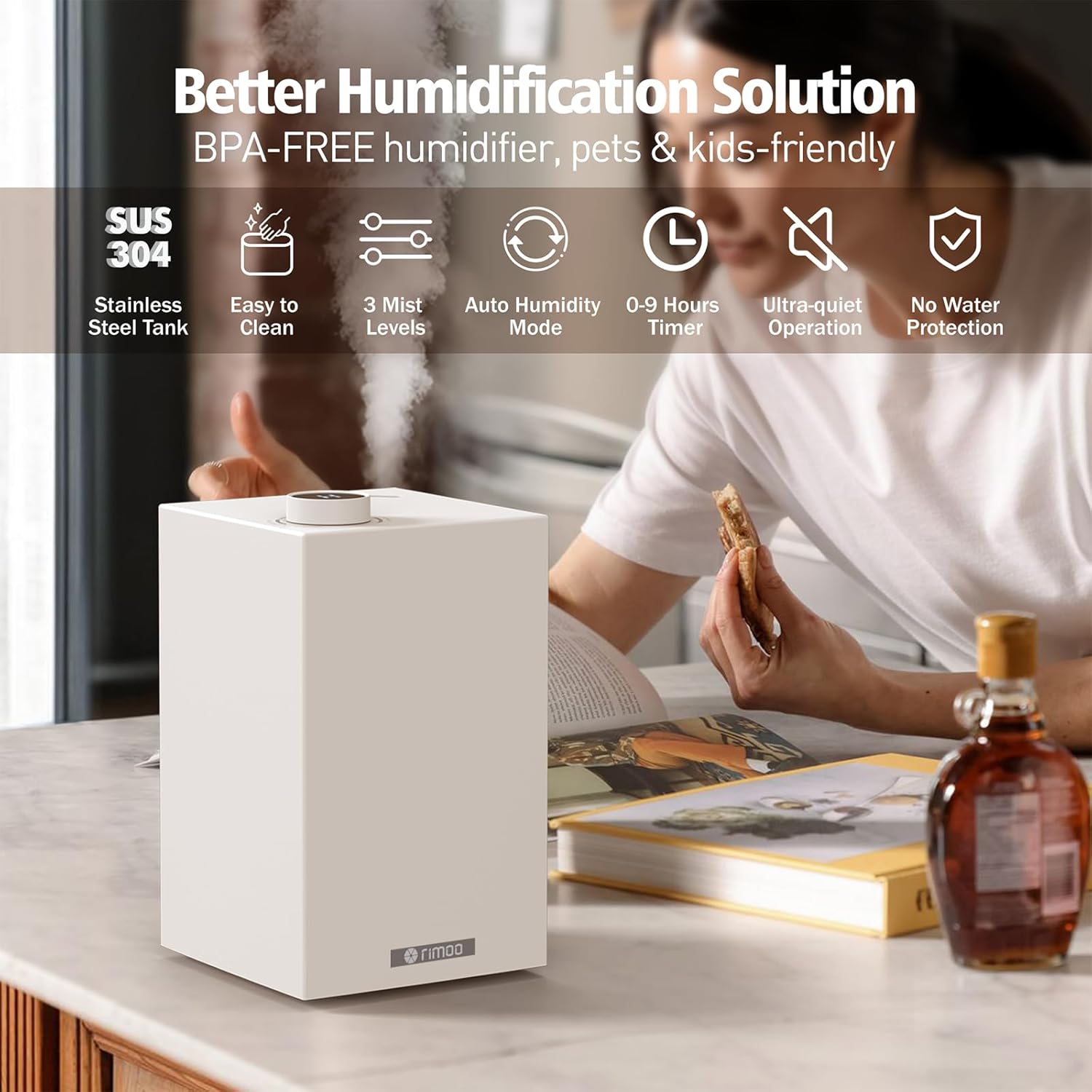 Stainless Steel Humidifier, Cool Mist Humidifiers with Only 3 Parts Easy to Clean, Top Fill Humidifier with 1-9H Timer, 30dB Whisper-Quiet, Filterless for Bedroom Large Baby Room Office