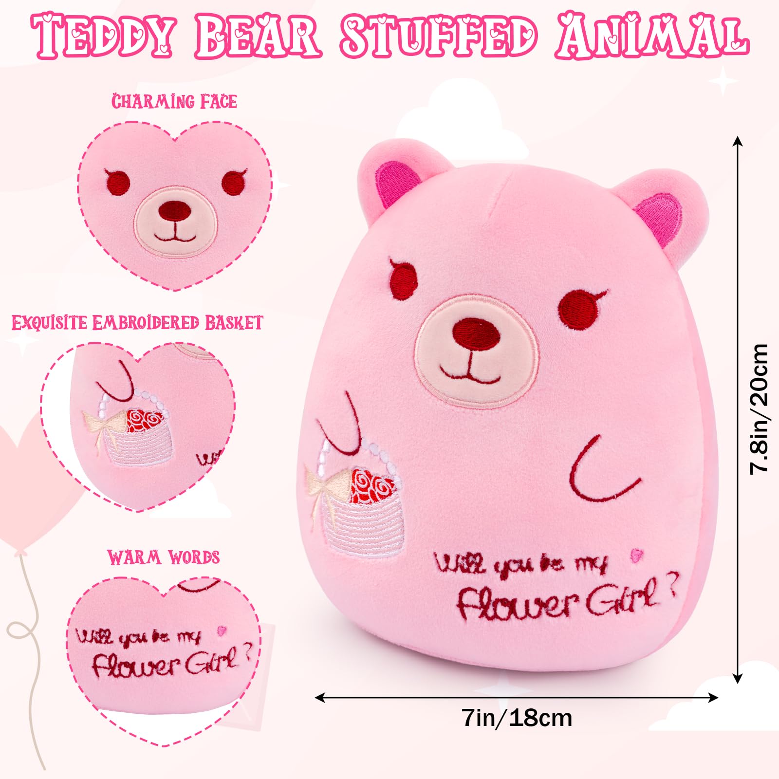 Peluche a forma di orsacchiotto, 19,8 cm, rosa, con cesto di fiori, carino e morbido cuscino in peluche da abbracciare, giocattolo per compleanno, San Valentino, regalo per bambini, fidanzata