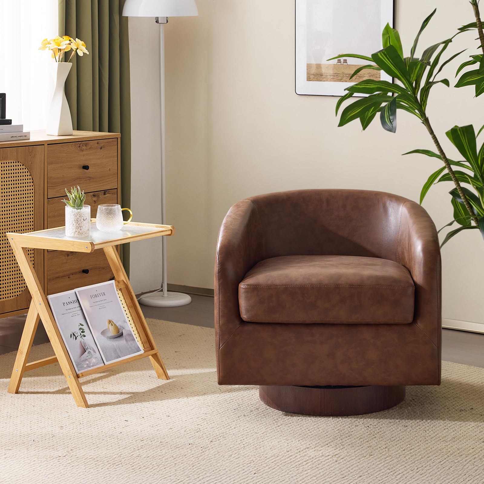 VINGLI 360°Swivel Accent Chair with Engineered Wood Base and Removable Cushion for Living Room, Bedroom, Curved Back Barrel Chair for Small Space,