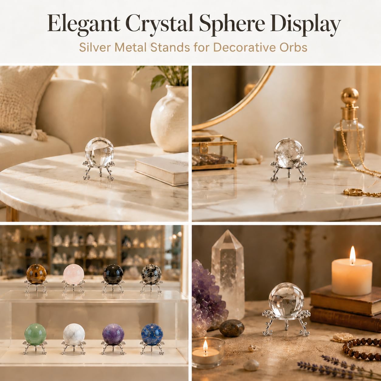 10 Pcs Silver Crystal Ball Stand, Sphere Display Holder, 40mm-80mm