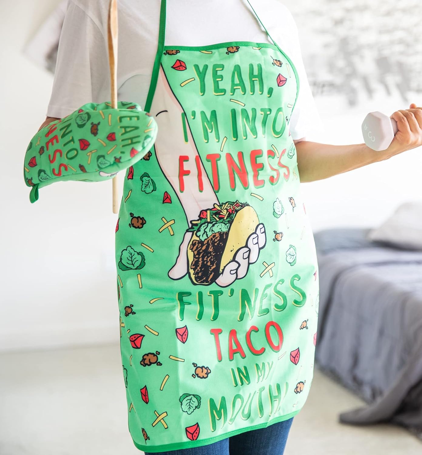Crazy Dog T-Shirts Fitness Taco Funny Kitchen Apron and Oven Mitts Humorous Gym Graphic Novelty Cooking Accessories Funny Graphic Kitchenwear Cinco De Mayo Cool Food Green Oven Mitt + Apron