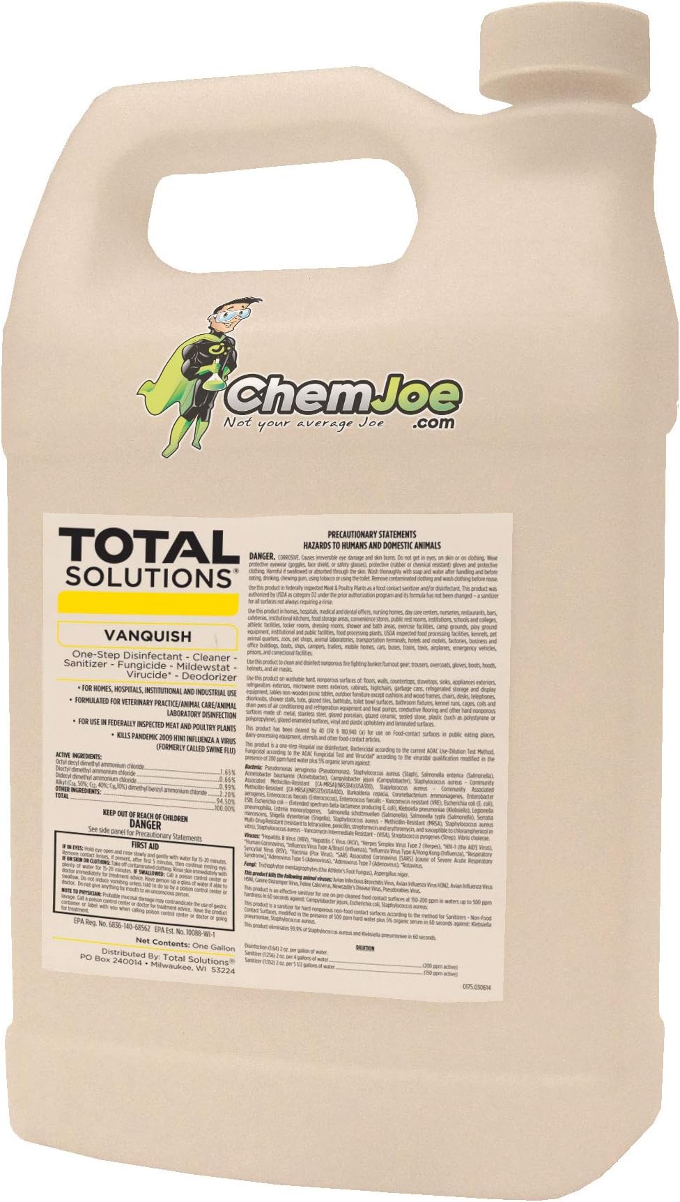 Vanquish is a one-step concentrated cleaner, broad-spectrum disinfectant/virucide, sanitizer, mildewstat, and deodorizer. (6 x 1 Gallon)